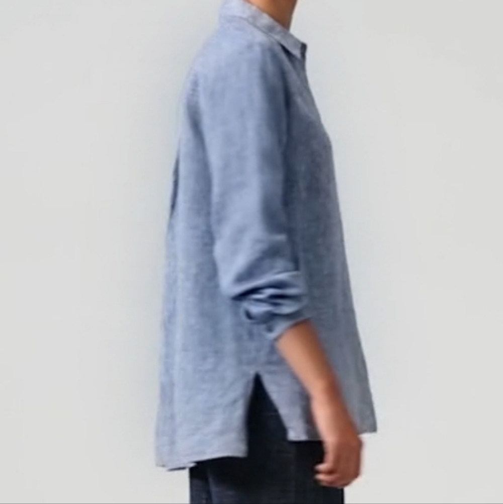 Eileen Fisher Classic Collar Shirt Organic Linen Chambray Blue SzM - Picture 6 of 16